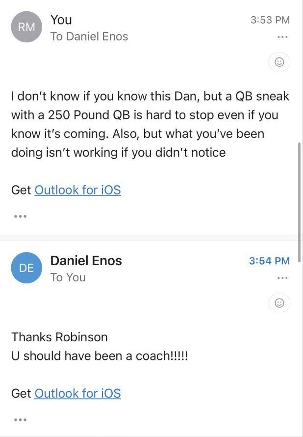 The student response to the two e-mails from Enos, followed immediately by an e-mail response from Enos.